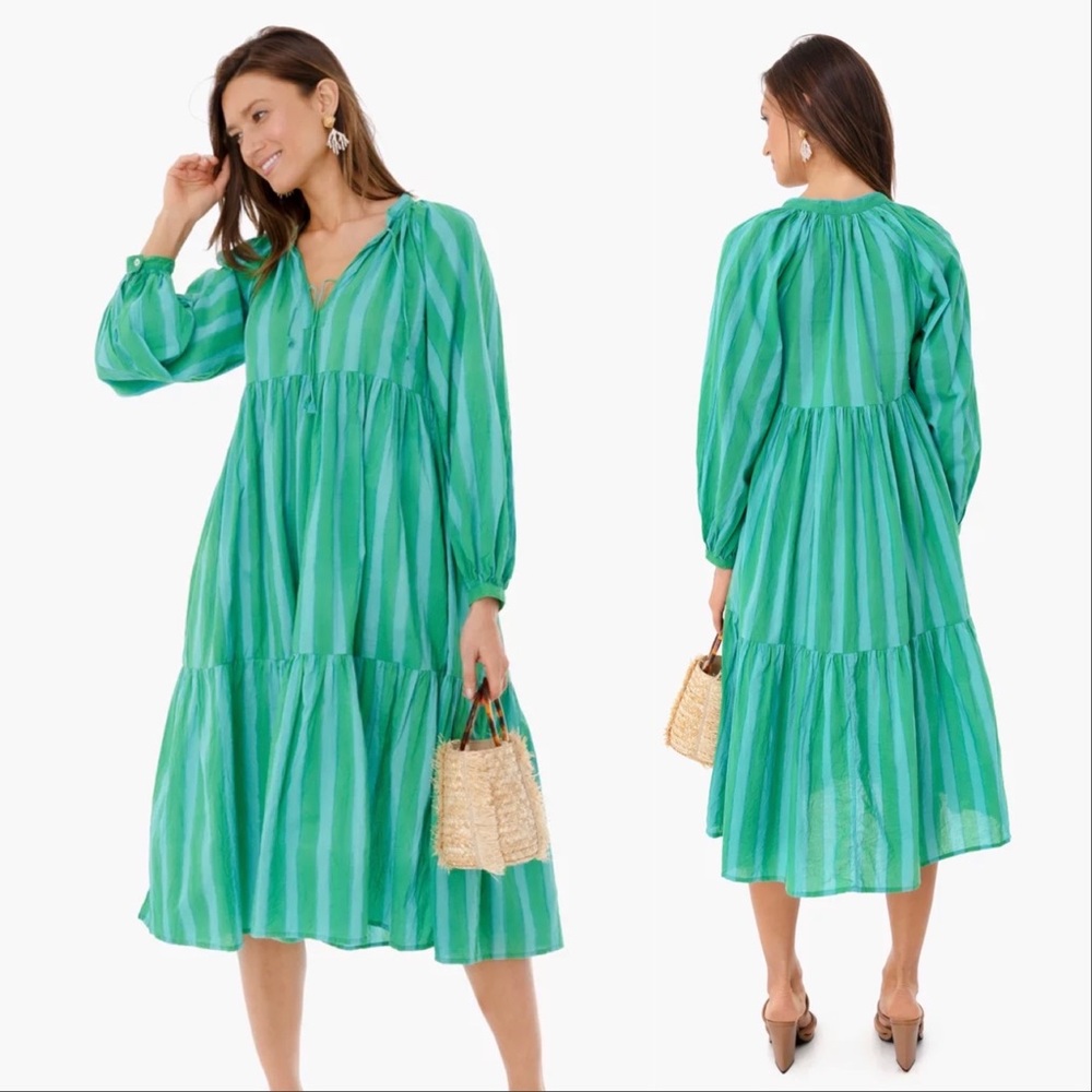 Matta Riviera Jaya midi dress in green/blue/teal/aqua stripe S